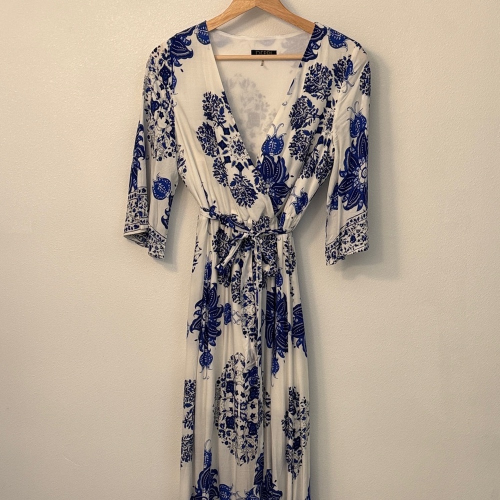 White and Blue Floral Maxi Wrap Dress - Tie Waist
